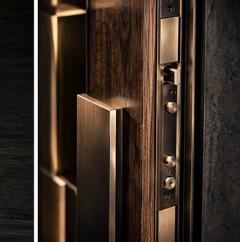 Konzeptvisualisierung von Verriegelungsdetails in einer Holz-Metall-Tür